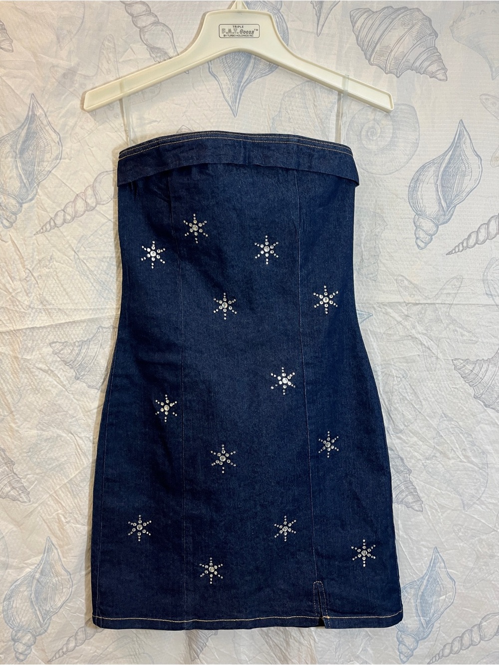 Strapless Dark Blue Denim Mini Dress with Star Stud Embellishments